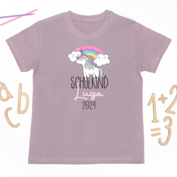 Schulkindshirt | Regenbogen Einhorn | Wunschname & Wunschjahr